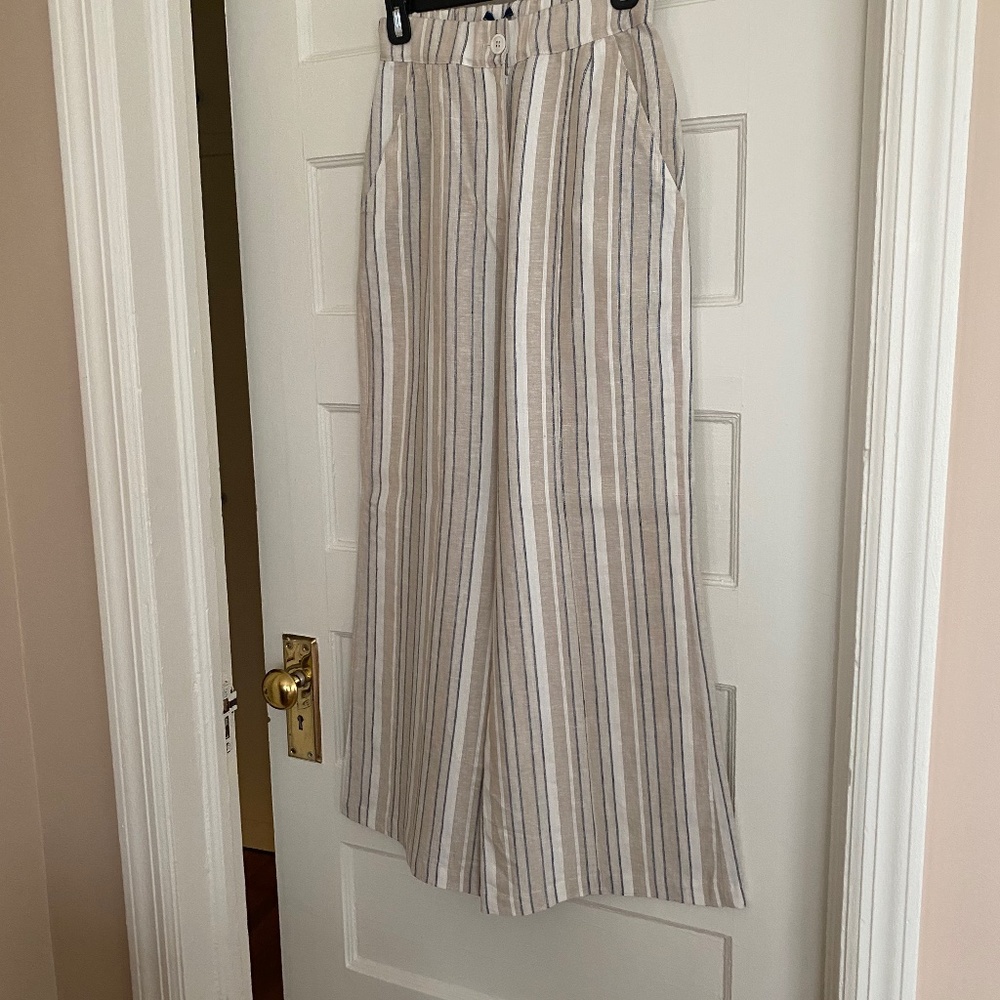 Wide Leg Striped Linen-Blend Pants - Neutral Stripe